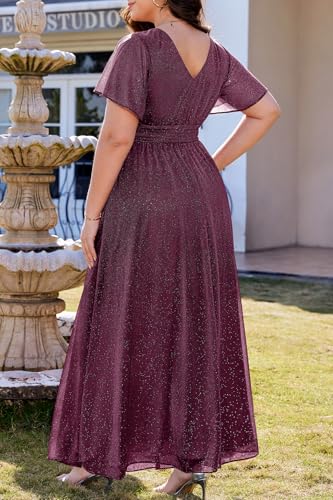 Image of Talisea Plus Size Formal Dresses - V Neck Flutter Sleeve Glitter Prom Evening Gowns Wedding Guest Chiffon Long Maxi Dress