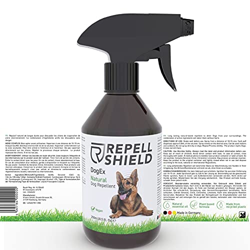 RepellShield® Hundeabwehrspray - 250ml - Nicht färbend - Hundeschreck gegen Urinieren - Geraniol Hunde Abwehrspray zum Hunde vertreiben - Hundeabwehrspray Innen- und Außenanwendung