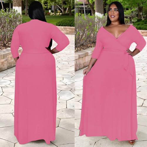 Image of Plus Size Dresses for Women Floral Maxi Dress Flowy 3 /4 Sleeve Oversize Long Dresses with Belt Hot Rose 2XL