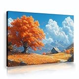 秋の自然風景ウォールアートペインティングカントリーコテージ巨大な木白い雲キャンバスウォールアートリビングルームバスルームの写真85x120cmインナーフレーム
