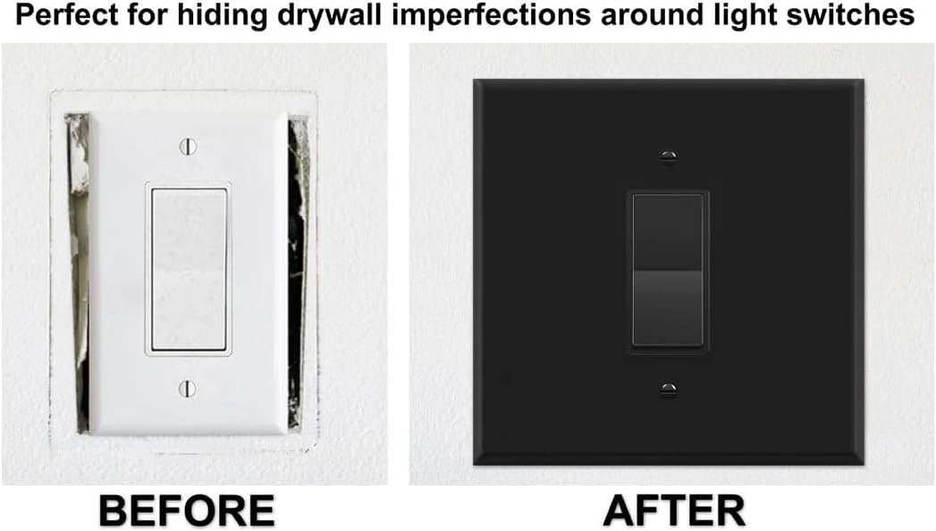 OVERSIZED Metal Switch Plate, 2 Gang Jumbo Decorator Cover Plate (for 1 Centered Device), Switch Cover for Rocker Switches, GFCI, Steel Painted Black - UL Listed, 5.5" x 5.5" - Made in USA