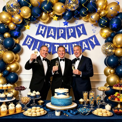 Image of BEISHIDA Blue Gold Happy Birthday Banner with Stars for Kids Women Men Birthday Decor