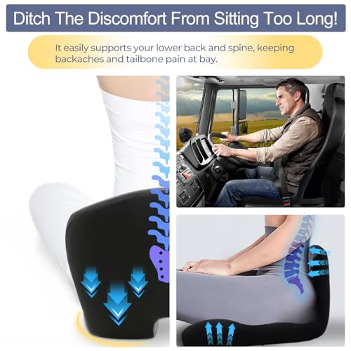 Image of Car Seat Cushion, Memory Foam Driving Cushion with Adjustable Strap, Ergonomic Pad for Car & Semi Truck, Office Chair Cushion for Sciatica & Lower Back Pain Relief, Black