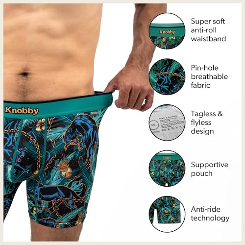 Knobby Underwear Mens Boxer Brief | Wild Panther Jungle Tiki Green Blue | Comfortable Unique Design Pattern - 3X-Large3