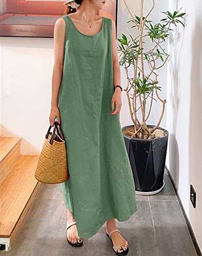 chouyatou Women's Summer Casual Sleeveless Cotton Sun Dress Maxi Tunic Tank Beach Dress with Pocket (Medium, Green) - Image 2