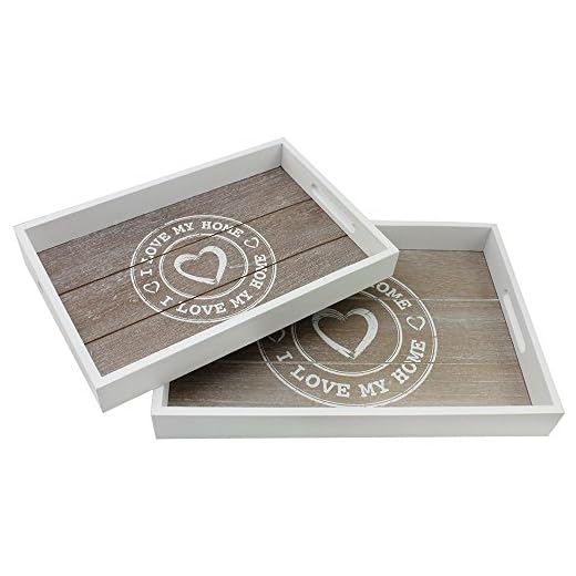 COM-FOUR® 2x serveringsbricka i trä - Rektangulär träbricka med motivet"I LOVE MY HOME" i olika storlekar û Shabby Chic Serveringsbricka med handtag (02 stycken -"I LOVE MY HOME")