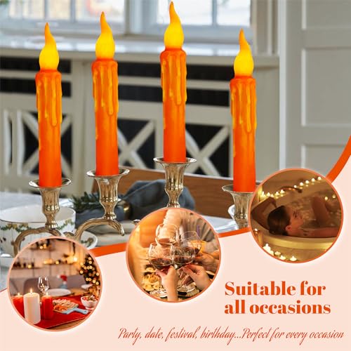 Image of 4pcs Orange Real Wax LED Tapered Candles, Battery Operated, Remote Controlled, 6inches, Perfect for Weddings, Decorations, Emergency Use
