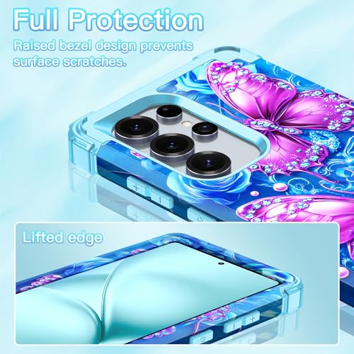 LONTECT for Galaxy S24 Ultra 5G Case Shockproof 3 in 1 Heavy Duty Rugged Hybrid Sturdy High Impact Drop Protective Cover Flower Case for Samsung Galaxy S24 Ultra 5G 2024,Sky Blue - image 3