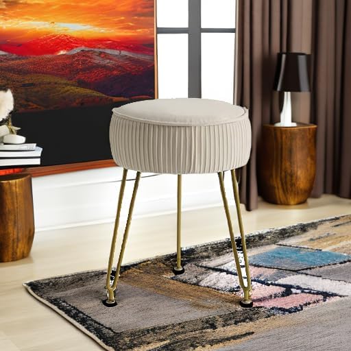 IBUYKE Velvet Round Footrest Stool Ottoman, Makeup Vanity Stool Side Table, Velvet Dressing Table Seat, Pouf Couch Stool, Golden Steel Legs, Creamy-White LG-30M - Image 6