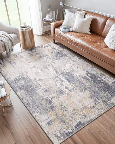 DEFYNEE Alfombra para salón 240x300 cm, Alfombra Antideslizante Lavable a máquina, Alfombra Moderna Abstracta para salón y Dormitorio, Gris Amarillo