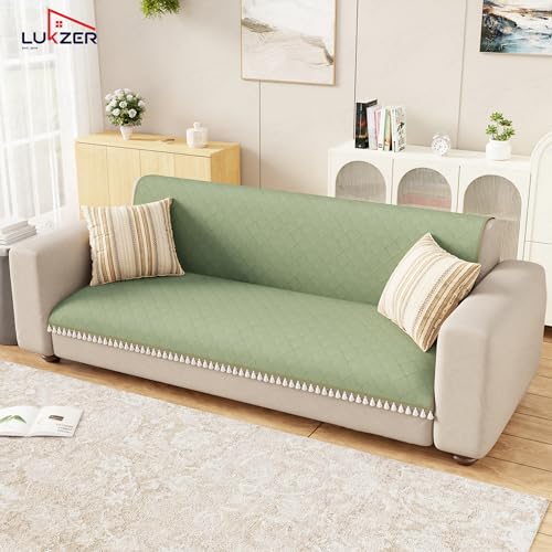 Image of Lukzer Quilted Sofa Cover Mat with Tassels for 3 Seater Sofa - Mint Green | Soft Washable Anti-Slip Protector for Living Room | Furniture Cover for Back-Seat Slipcover 180X150CM / SC-199-3T