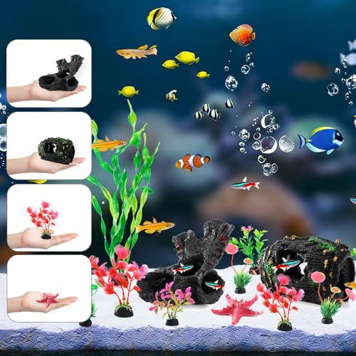 14pcs Fish Tank Decorations Set, Aquarium Decor Driftwood, Resin Fish Broken Barrel and Artificial Plastic Plants, Fish Bowl Ornaments Betta Tank Hideout Accessories - Image 5