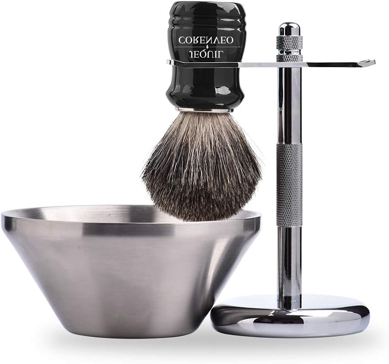 JE&CO Conjunto de barbear com pincel de pelo de texugo, suporte e tigela de aço inoxidável