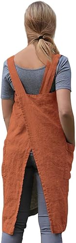 Miniatura 10 de Pinafore - Delantal cuadrado para mujer, para hornear, cocina, jardinería, trabajo, espalda cruzada, mezcla de algodón y lino, con 2 bolsillos,