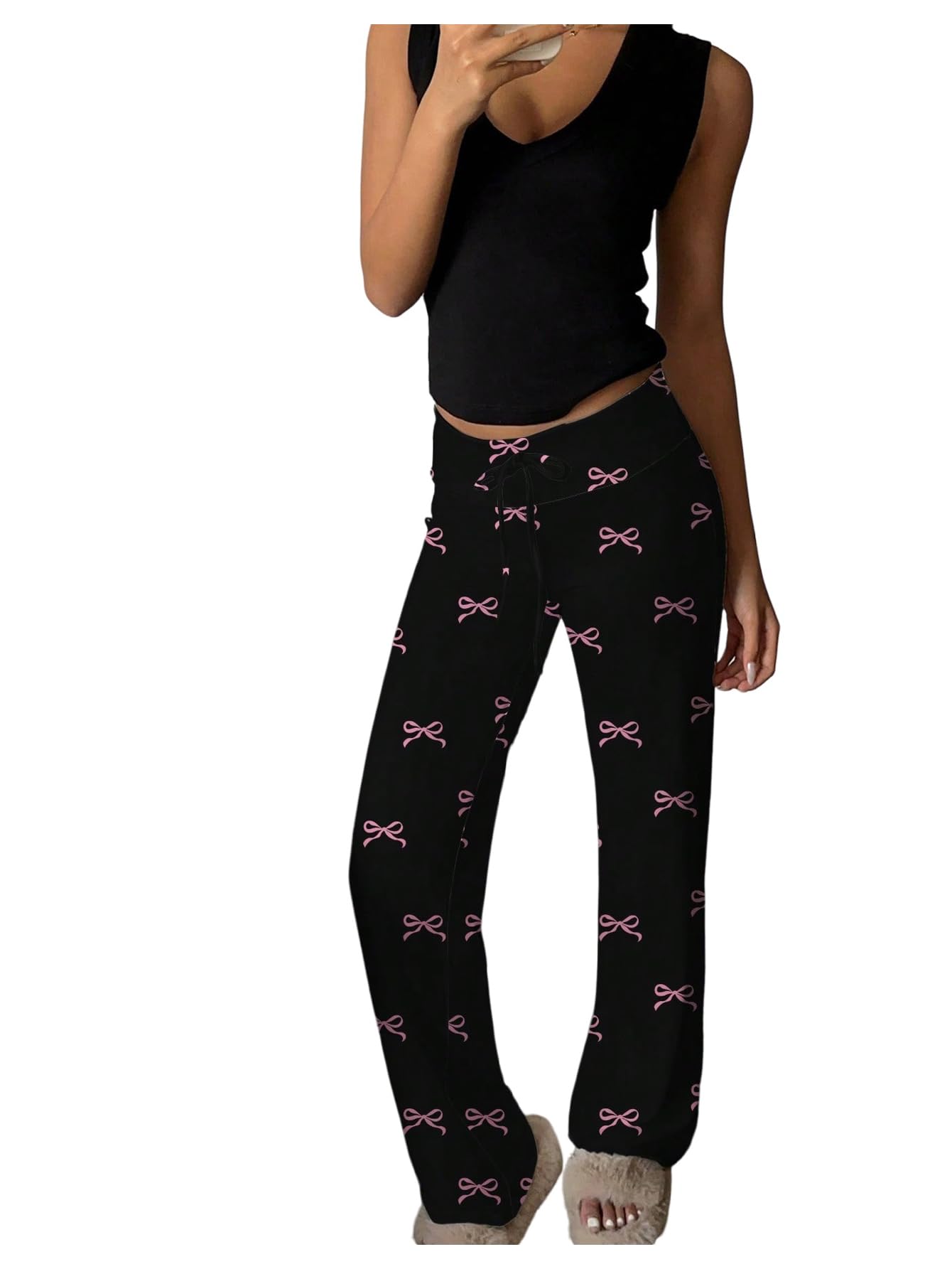 MakeMeChic Womens Bow Elastic Waist Pants Drawstring Straight Leg Y2k Trousers