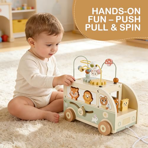 Pithfor Wooden Montessori Toys for 2 Year Old, Push & Pull Car Toys for Baby Toddlers 18 Months 2 3 Year Old, First Birthday Gift for Boys Girls, with Bobbling Driver & Bead Maze - Image 6