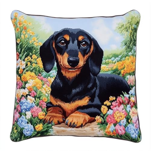 ORLUMY Latch Hook Kits Dachshund Floral Path Latch Hook Cushion Kits DIY Cross Stitch Sofa Cushion Cover with Latch Hook Tool Fit for Teenager and Adults Latch Hook Cushion Cover Kit 43X43Cm
