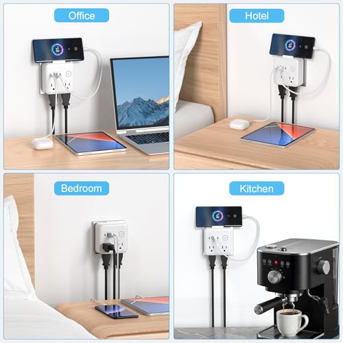Multi Plug Outlet Extender with 2 USB-A + 2 USB-C & Phone Holder, HITRENDS 1875W/16A 4-Outlet Extender, Non Surge Protector Travel Cruise Ship Essentials, Electrical Wall Splitter for Home Office — view 6