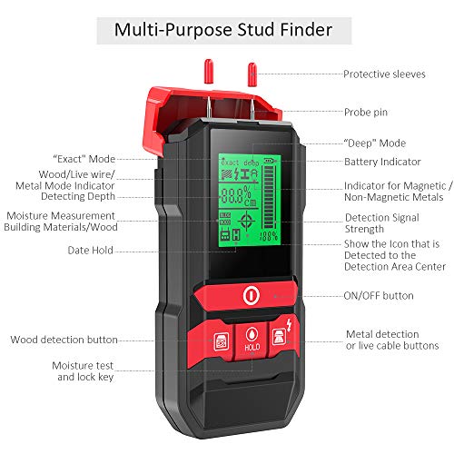 Stud Finder Sensor Meterk Wall Scanner - 5 in 1 Electronic Center Finder Multi-Functional Wall Finder Detector with LED/Sound Warning for Wood Stud/Metal/Live AC Wire/Moisture Detection - Thumbnail 4