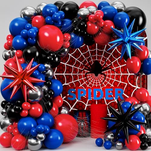 ALL-IN-1 Spider Balloon Arch Kit with BONUS Starburst for Spidy Birthday Decorations - Red Blue Spider Balloons for Spidy Man Party Decorations - Miles Birthday Decoration Spidey Balloons