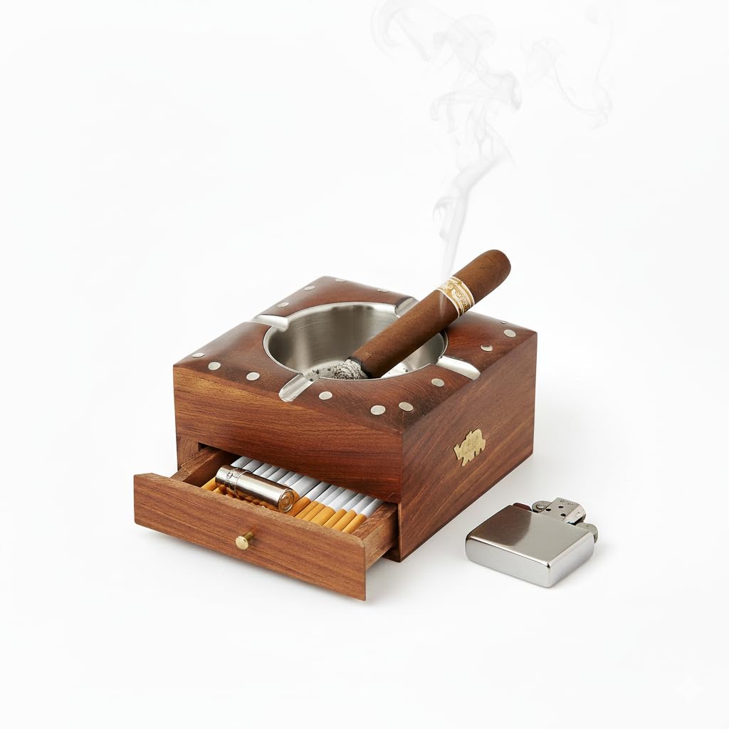 Sheesham Wood Cigar Ashtray with Drawer, Handmade Wooden Ashtray for Cigarette & Cigar, Tabletop Smoking Accessories Holder with Stainless Steel Bowl, Brown (4.5 Inch)