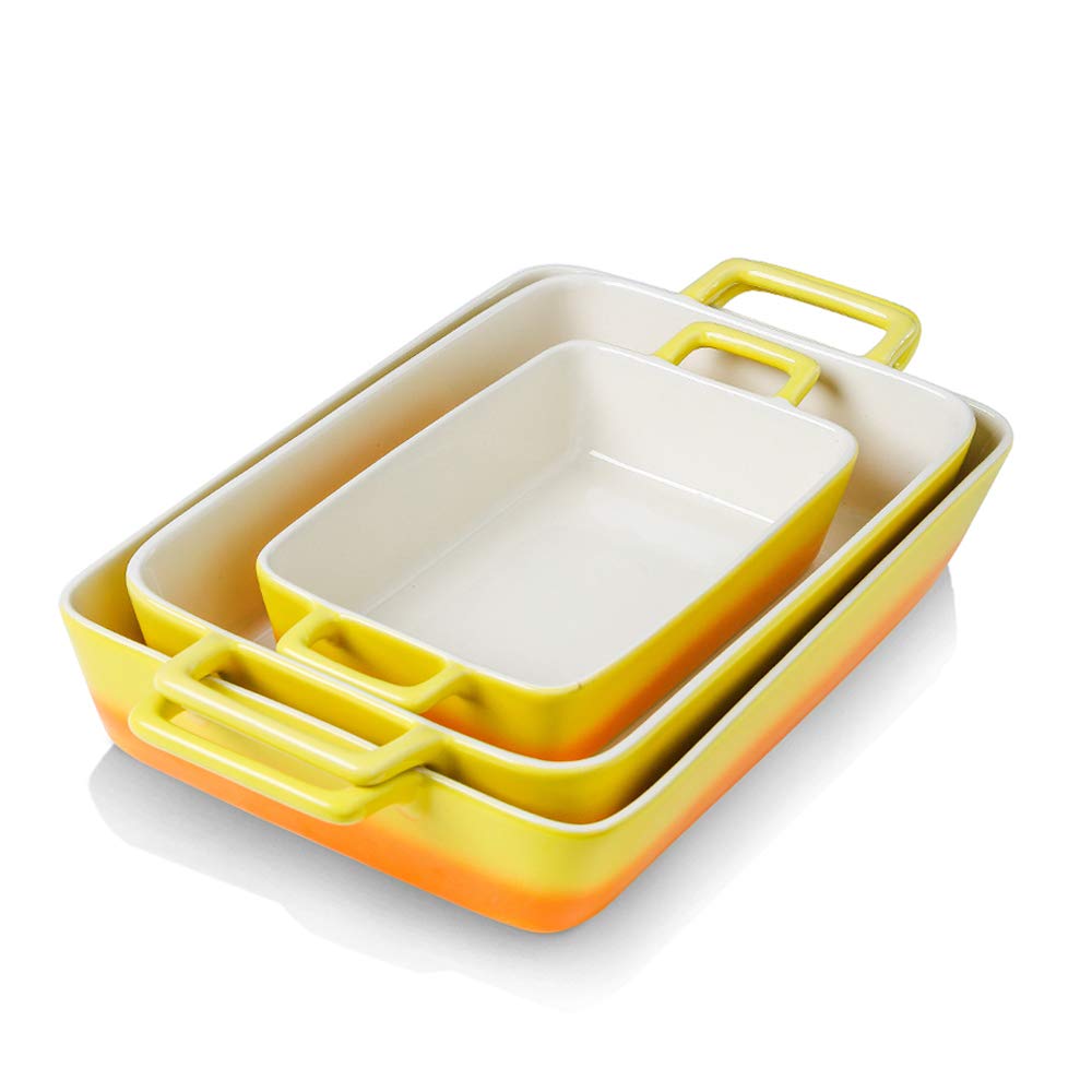 KOOV Bakeware Set, Ceramic Baking Dish, Rectangular Baking Pans Set, Casserole Dish for Cooking, Cake Dinner, Kitchen, Wrapping Upgrade, 12 x 8.5 Inches, 3-Piece (Gradient Yellow)