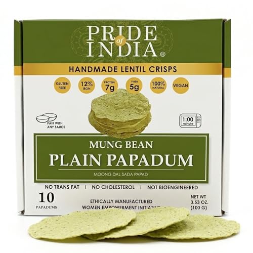 Pride of India Plain Mung Bean Papadum – 10 Count (3.5 oz/ 100g) | Moong Dal Lentil Crisps (Papad) | Easy to Cook, Light & Crunchy Poppadom Crackers | Gluten-Free, Vegan, Healthy Protein Snack