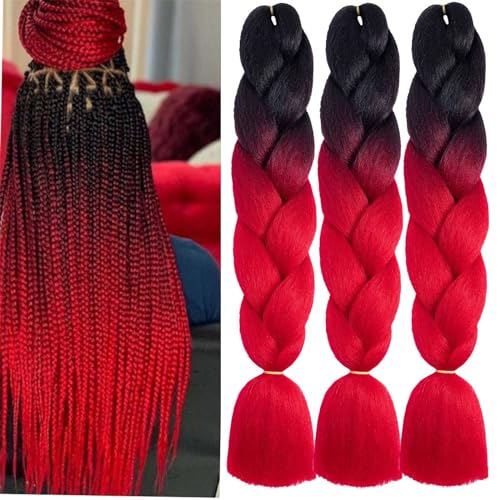 XTREND Jumbo-Flechthaar, 61 cm, 3 Packungen, Ombré-Rot, Kanekalon-Jumbo-Zöpfe, Haarverlängerung, Jumbo-Flechten für gedrehte Flechten, Box Zöpfe, Häkelhaar (3 Packungen, 1B/Rot #)