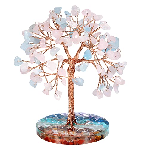 Nupuyai Aquamarine & Rose Quartz Crystal Money Tree with 7 Chakra Base