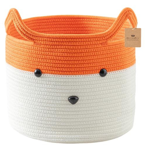 Image of HomeyPine Fox Basket, Woven Cotton Rope Storage Basket with Handle, Animal Laundry Basket Organizer for Towels, Blanket, Toys, Clothes