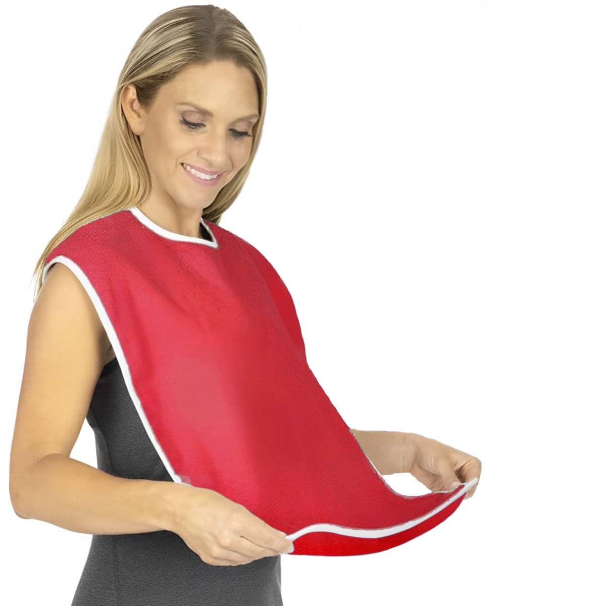 CUREPACK Adult Bibs - Waterproof Apron Set for Men, Women for Eating with Adjustable Strap - Washable Reusable Large Terry Cloth for Elderly, Seniors and Disabled | Red | Set of 1 - Image 9 thumbnail
