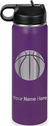 Miniatura 41 de LaserGram Botella de agua personalizada, pelota de baloncesto, acero inoxidable de doble pared aislada al vacío con popote superior, regalo grabado