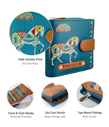 Image of Funk For Hire Women's Compact Wallet in Petrol Blue - Stylish Cartoon Print Leatherette Purse with Card Slots, Coin Pocket & Magnetic Closure - Handcrafted in India
