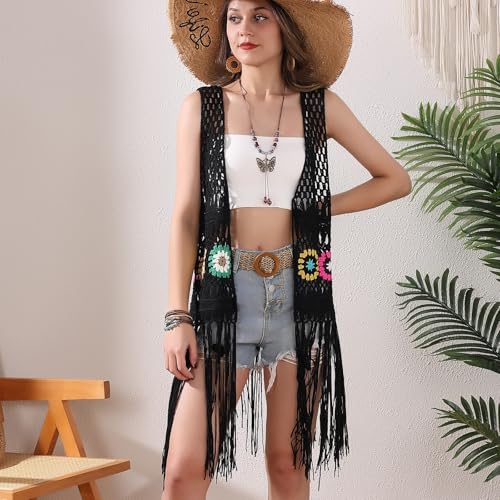 Image of Women's Floral Crochet Hollow Out Sleeveless Fringe Boho Retro-Look Handmade Cardigan Vest Tassels