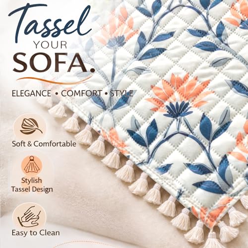 Image of HOKIPO Folk Garden L Shape (3+3 Seater) Sofa Seat Mat with Tassel| Quilted Sofa Cover Mat, 'Tassel Twigs' Series (IN-986-T9*2)