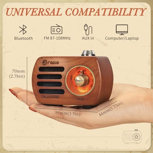 Image of PRUNUS R-818 Wood Retro FM Radio Bluetooth Mini Portable Wooden Old Vintage Speaker, Rechargeable Battery Operated, Strong Bass Enhancement, Loud Volume, Support AUX in(Cherry Wood)