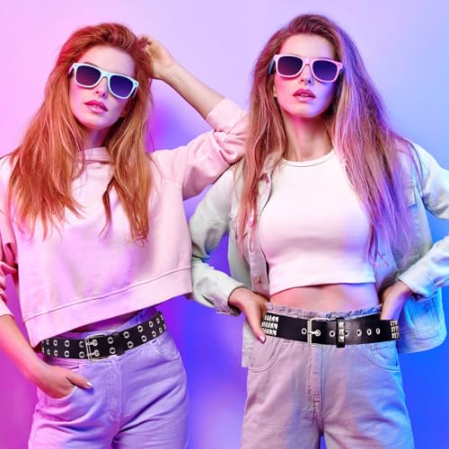 Black Studded Belt, 2 Pcs Y2K Belt Metal Punk Rock Double Grommet Belts with Bright Pyramid Studded for Women Men 5