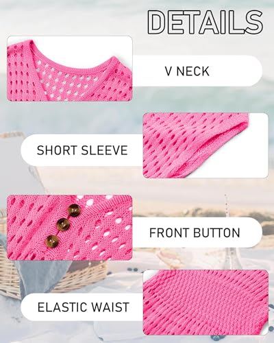 Image of Haloumoning Girls Crochet Swim Beach Cover Up Kids Fashion Button Short Sleeve Swimsuits Cover Ups 5-14 Years