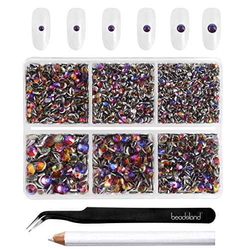 Beadsland 4300pcs Flatback Nail Rhinestones,Blue Rhinestones Round Crystal Gems for Crafts,Mixed 6 Sizes with Picking Tweezers and Wax Pencil Kit