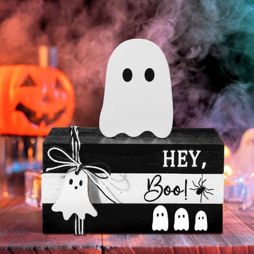 4 Pcs Halloween Ghost Table Decorations Rustic Distressed Ghost Wooden Signs Farmhouse Halloween Tiered Tray Decor Mini Book Stack Centerpiece for Home Office Desk Shelf Mantel(White) - Image 6