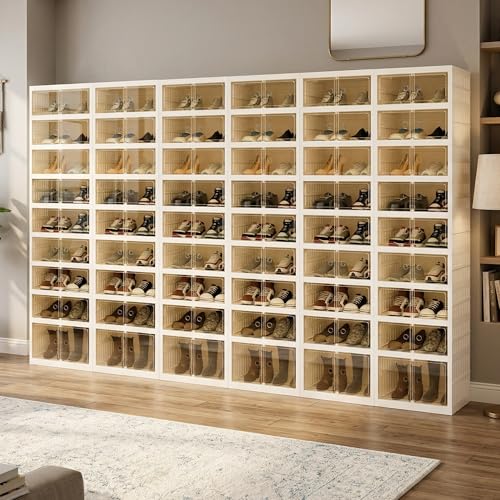 Image of Foldable Shoe Organizer Storage Box Set of 6, Portable Extra Large Folding Shoe Rack for Closet, Shoe Storage Box with Magnetic Transparent Door and Wheels, 9 Layers 18 Grids with 2 Big Grids