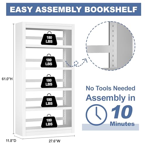 Image of VASAAOSD Metal Bookshelf, Adjustable White Bookcase, 5 Tier, 61 inch Tall | Sturdy Metal, Adjustable, Toolless Easy Assembly Book shelves, For Home Office, Living Room, Bedroom, Library