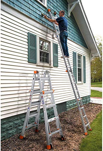 Telescoping Ladder TACKLIFE, 17ft Aluminum Multi-Use Ladder with Protective Lock and 2 Wheels, 300lb Max Duty and Non-Slip Foot Pad, 5 Height Modes, Suitable for Home/Working