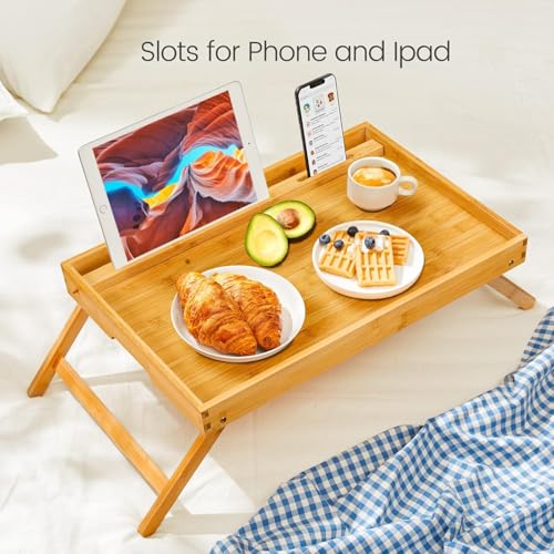 Image of Bamboo Bed Tray Table, Large Breakfast Tray with Folding Legs, Multipurpose Serving Tray Use As Portable Laptop Snack Table, for Working, Eating, Reading by Pipishell