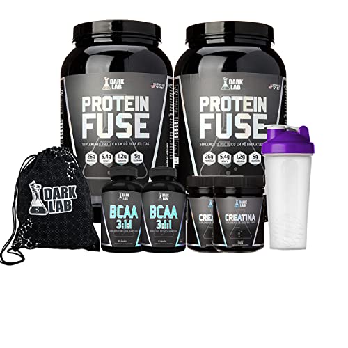 Combo 2x Protein Fuse 900g Choc/Bau + 2x Bcaa 60 Caps + 2x Creatina 100g + Coqueteleira Roxa + Bag D
