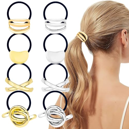 8PCS Metal Geometric Elastic Hair Ties, Women's Glossy Double Arch Ponytail Hair Cuff Accessories for Girls (Gold+Silver)