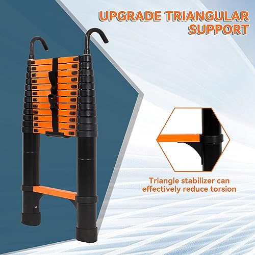 FEETE Teleskopleiter, Aluminium, leichte Verlängerungsleiter mit Dreieck-Stabilisatoren und abnehmbaren Haken, 150 kg Kapazität, Teleskopleiter, Wohnmobil, zusammenklappbare Leiter für Zuhause,