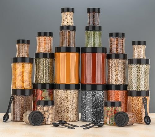 Image of Black Olive Storage Organizer Container Set - Transparent Jar Set for Kitchen with Lids & Spoons, 1200ml, 650ml, 350ml & 250ml Dabba Box for Spices, Snacks, Grocery & Dry Fruits (Black, 20pc)