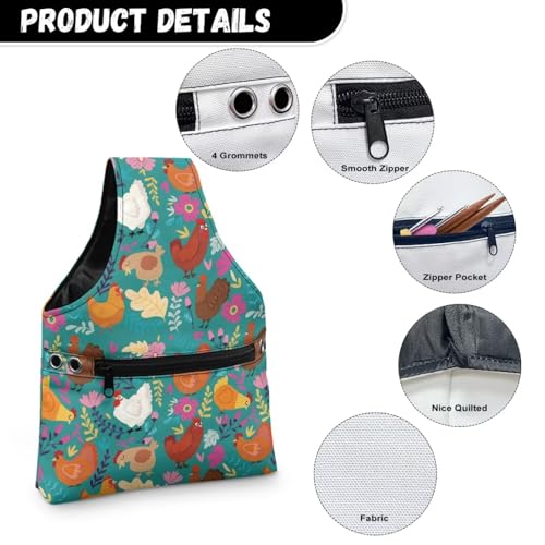 Image of KUIFORTI Boho Yarn Bag Cute Chicken Knitting Needles Holder Bag Yarn Project Bag Needlework Tool Tote Bag with Front Zipper Pocket Lightweight Casual Shopping Handbag Small Size