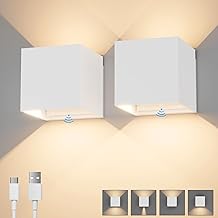 K-Bright 2 x Battery Wall Light with Motion Sensor Indoor, 5 W LED Battery Wall Lamp Up Down Design Adjustable Beam Angle for Living Room, Bedroom, Balcony, Hallway, Stairs (White)